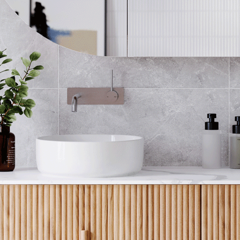 Modern Australian Bathroom Design - Timber wall hung vanity with travertine tiles and modern australian decor