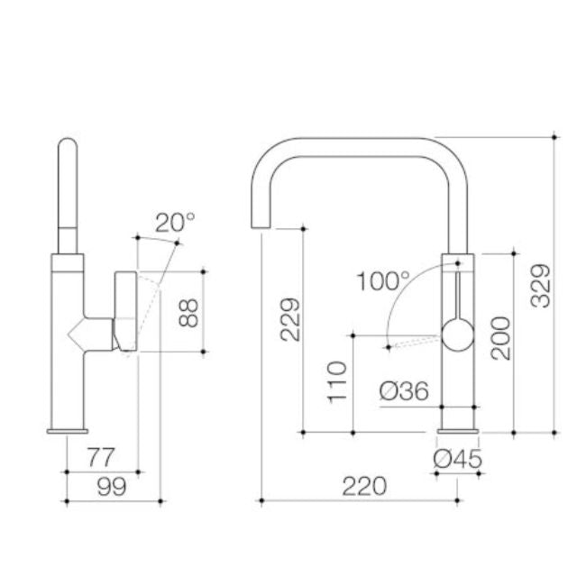 Technical Drawing Caroma Urbane II Sink Mixer - Brushed Brass 99671BB56AF - The Blue Space