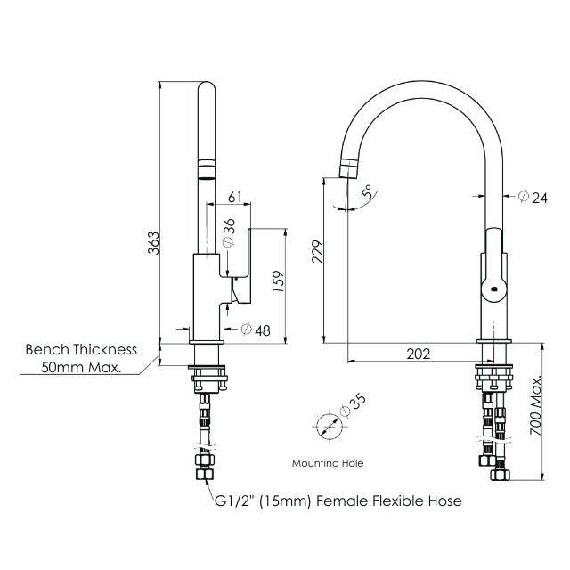 Technical Drawing Greens Astro II Gooseneck Sink Mixer Matte Black LF254283MB - The Blue Space