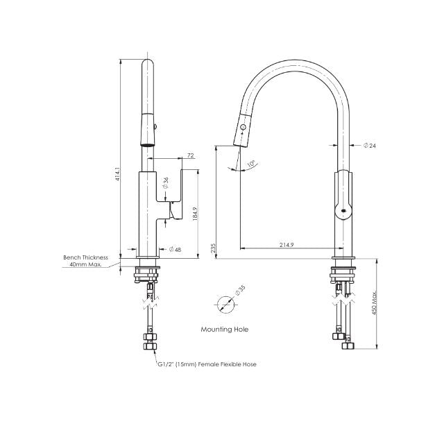 Technical Drawing Greens Astro II Pull-Down Sink Mixer Brushed Nickel LF254383BN - The Blue Space