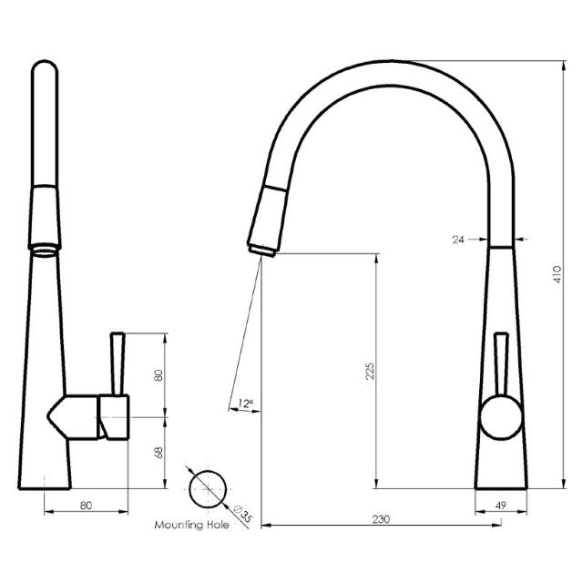 Technical Drawing Greens Galiano Pull-Down Sink Mixer Brushed Brass LF175203BB - The Blue Space