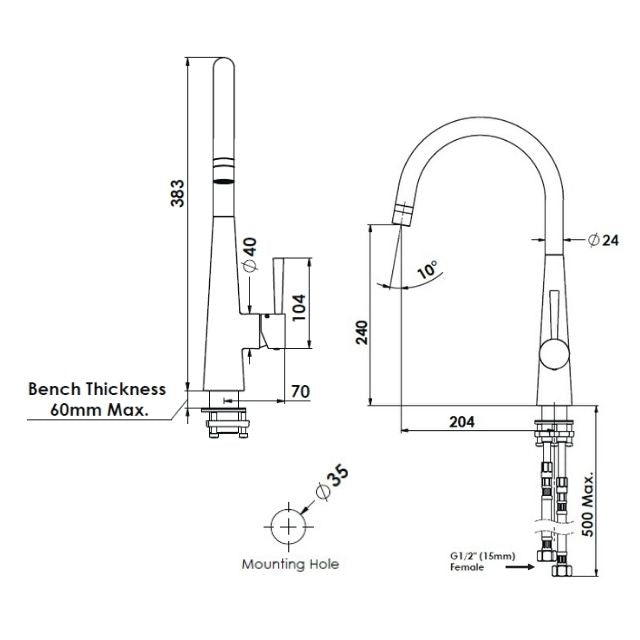 Technical Drawing Greens Galiano Slimline Sink Mixer Matte Black 175620371 - The Blue Space