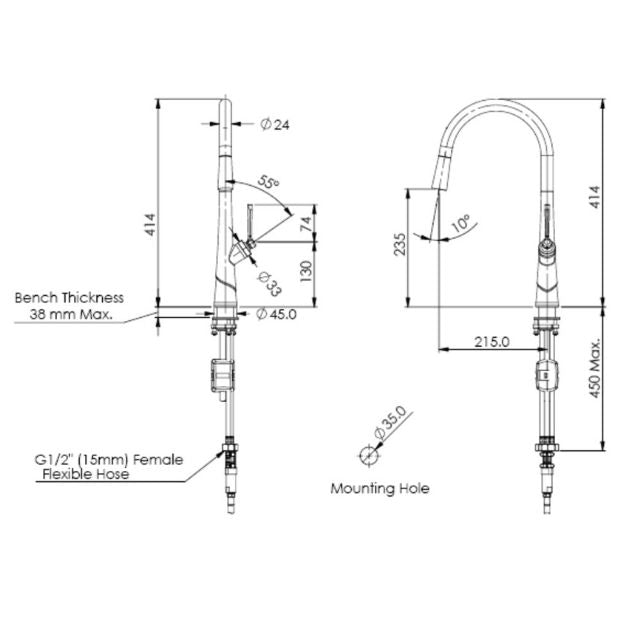 Technical Drawing Greens Lustro II Pull-Down Sink Mixer Brushed Nickel LF1950254BN - The Blue Space