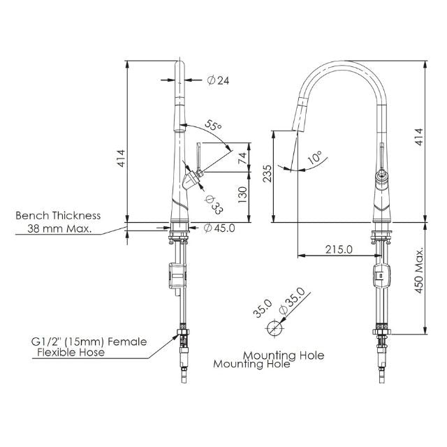 Technical Drawing Greens Lustro Kontact Pull-Down Sink Mixer Brushed Brass LF19580254BB - The Blue Space