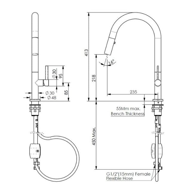 Technical Drawing Greens Luxe Pull-Down Mixer Brushed Brass LF1810254BB - The Blue Space