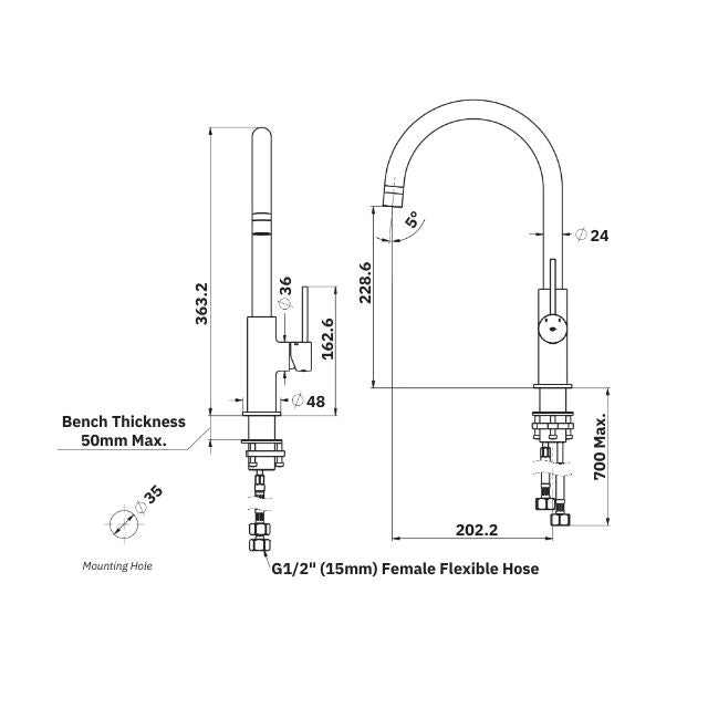 Technical Drawing Greens Maci Gooseneck Sink Mixer Chrome 21202540 - The Blue Space