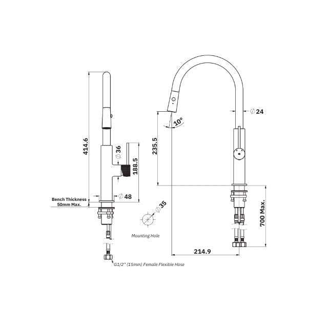 Technical Drawing Greens Maci Pull Down Sink Mixer Brushed Nickel LF21202542BN - The Blue Space