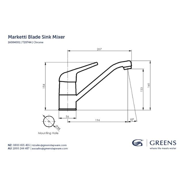 Technical Drawing Greens Marketti Blade Sink Mixer Chrome 16084001 - The Blue Space