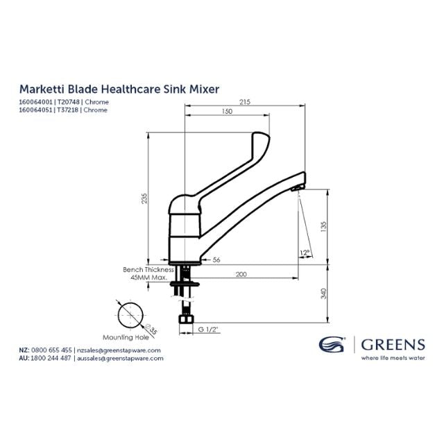 Technical Drawing Greens Marketti Health Care Sink Mixer Chrome 160064001 - The Blue Space