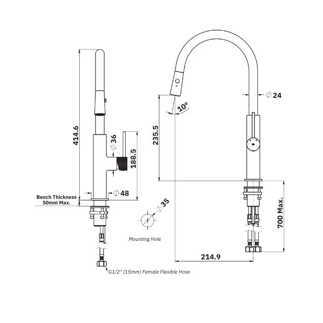 Technical Drawing Greens Mika Pull Down Sink Mixer Brushed Brass LF21212542BB - The Blue Space