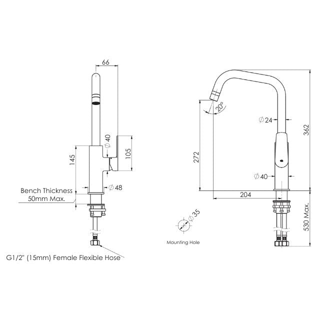 Technical Drawing Greens Novi Gooseneck Sink Mixer with Smart Aerator Brushed Nickel LF24203540BN - The Blue Space