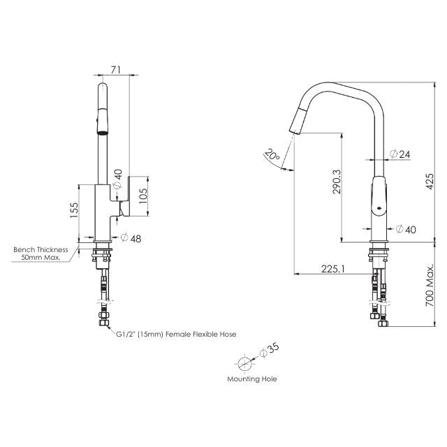 Technical Drawing Greens Novi Pull-Down Sink Mixer Brushed Brass LF24203542BB - The Blue Space