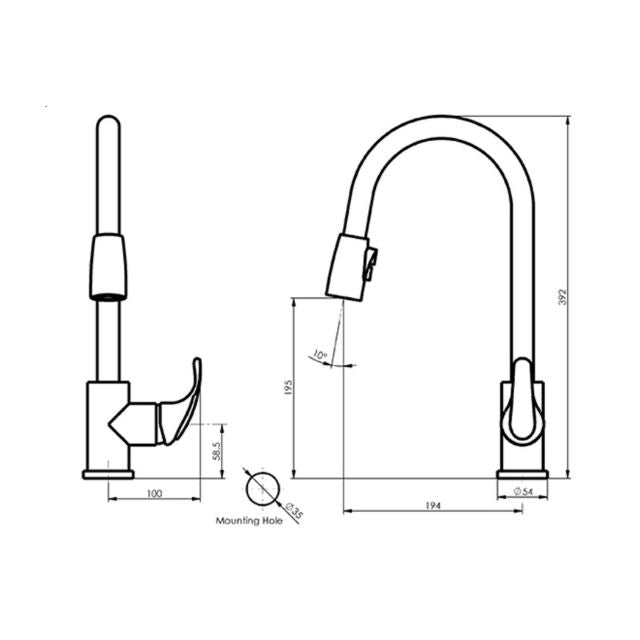 Technical Drawing Greens Regency Pull-Down Sink Mixer Chrome LF150530CP - The Blue Space