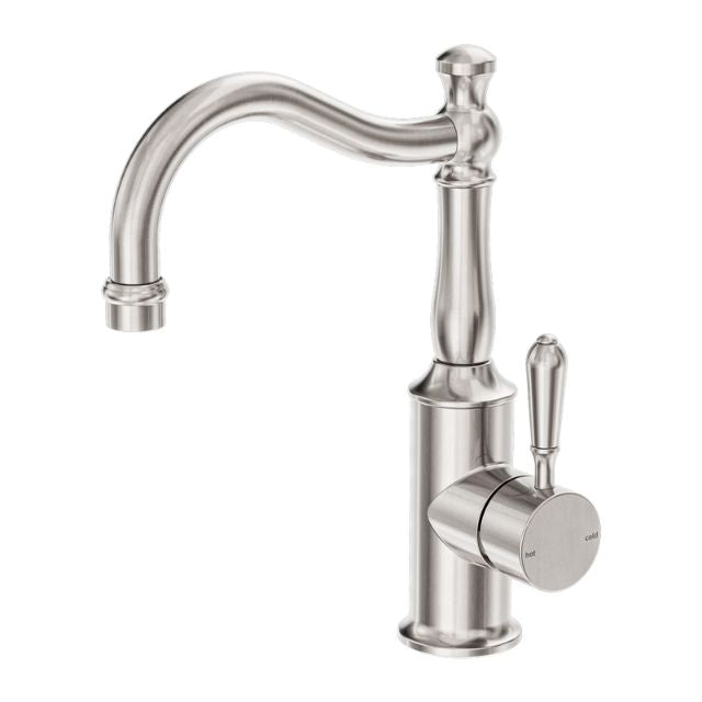 Nero York Basin Mixer Hook Spout With Metal Lever Brushed Nickel NR69210202BN - The Blue Space