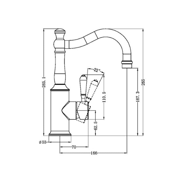 Technical Drawing Nero York Basin Mixer Hook Spout With Metal Lever Brushed Nickel NR69210202BN - The Blue Space