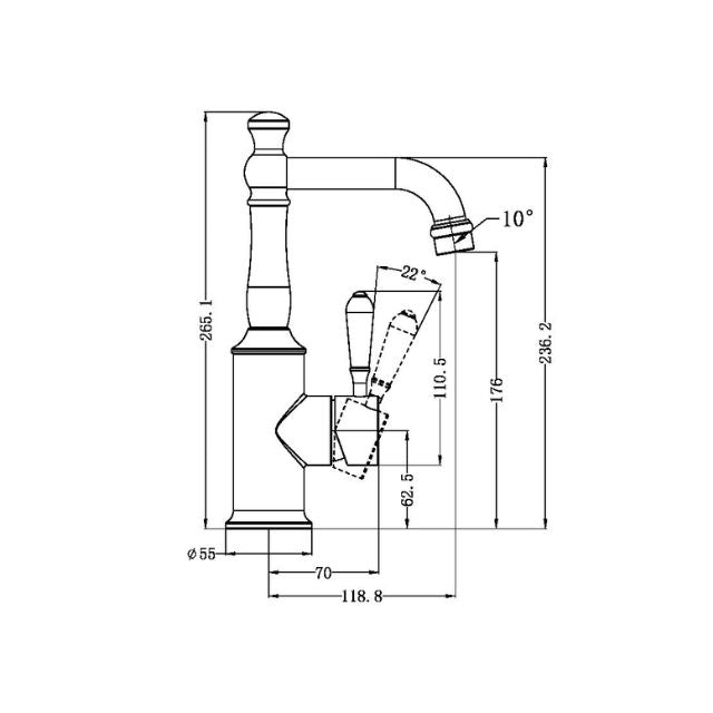 Technical Drawing Nero York Basin Mixer With Metal Lever Brushed Nickel NR69210102BN - The Blue Space