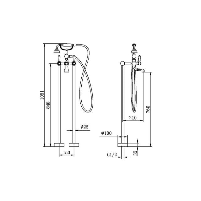 Technical Drawing Nero York Freestanding Bath Set With White Porcelain Hand Shower Brushed Nickel NR692103A01BN - The Blue Space