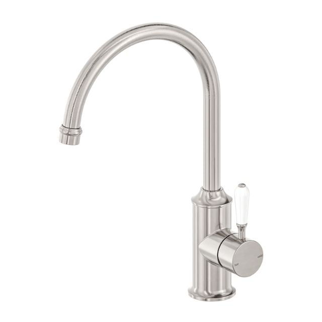 Nero York Kitchen Mixer Gooseneck Spout With White Porcelain Lever Brushed Nickel NR69210601BN - The Blue Space