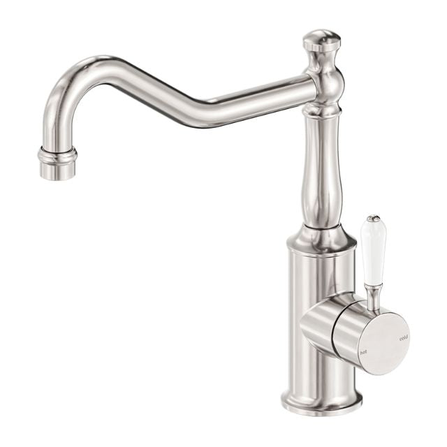 Nero York Kitchen Mixer Hook Spout With White Porcelain Lever Brushed Nickel NR69210701BN - The Blue Space