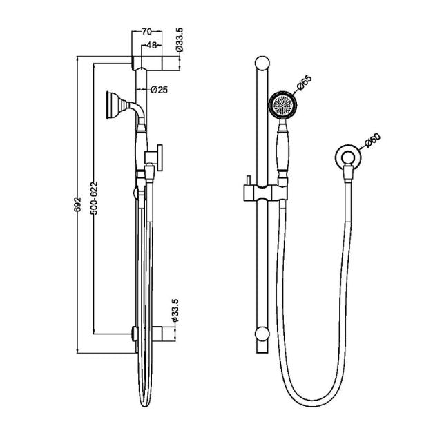 Technical Drawing Nero York Shower Rail With Metal Hand Shower Brushed Nickel NR692105A02BN - The Blue Space