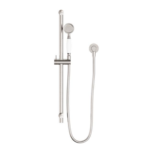 Front Nero York Shower Rail With White Porcelain Hand Shower Brushed Nickel NR692105A01BN - The Blue Space