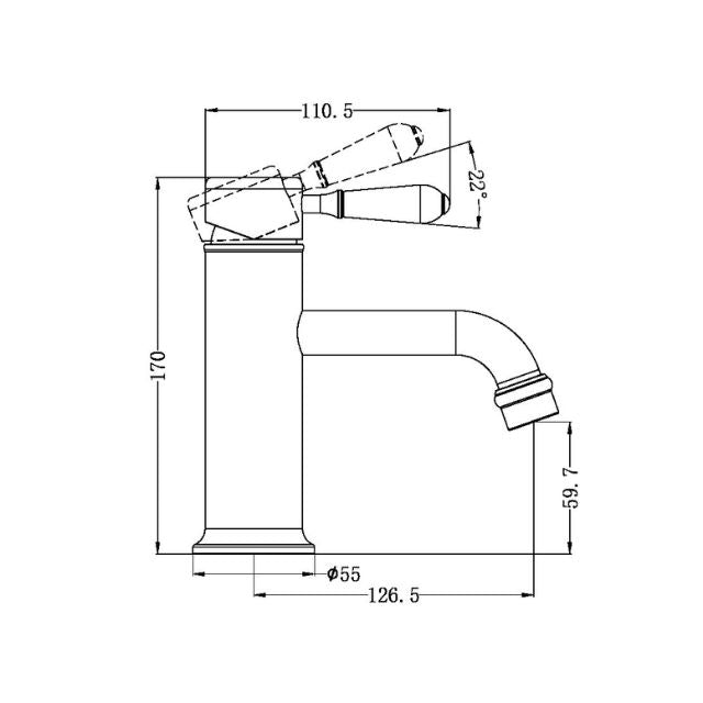 Technical Drawing Nero York Straight Basin Mixer With Metal Lever Brushed Nickel NR692101B02BN - The Blue Space