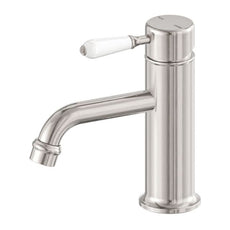 Nero York Straight Basin Mixer With White Porcelain Lever Brushed Nickel NR692101B01BN - The Blue Space