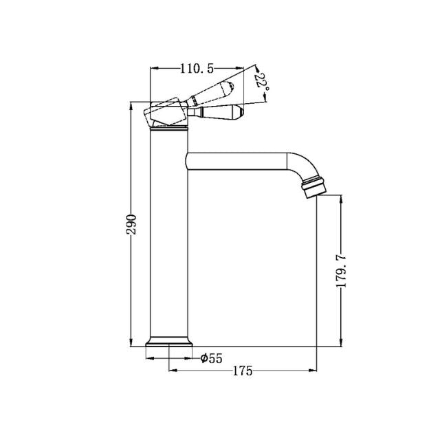 Technical Drawing Nero York Straight Tall Basin Mixer With Metal Lever Brushed Nickel NR692101A02BN - The Blue Space