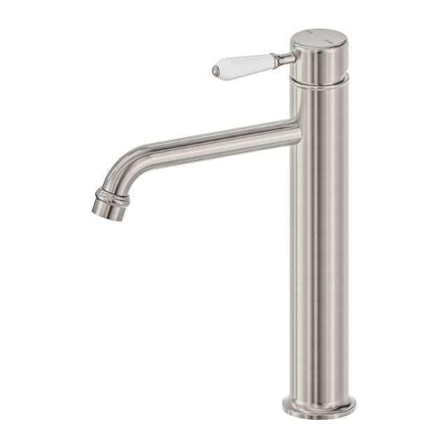 Nero York Straight Tall Basin Mixer With White Porcelain Lever Brushed Nickel NR692101A01BN - The Blue Space