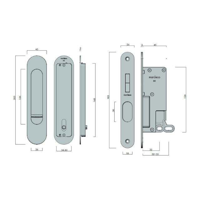 Line Drawing Nidus Mardeco radius flush pull privacy set 50-55mm Brushed Nickel BN9004/Set - The Blue Space