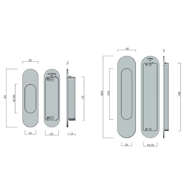 Line Drawing Nidus Mardeco radius flush pull set incl end pull Brushed Sat Chr BSC9008/Set - The Blue Space