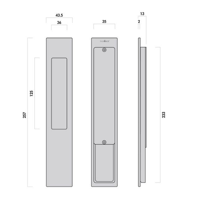 Line Drawing Nidus Mardeco rectangular flush pull long plate 257mm Brushed Nickel sold as EACH BN8102 - The Blue Space