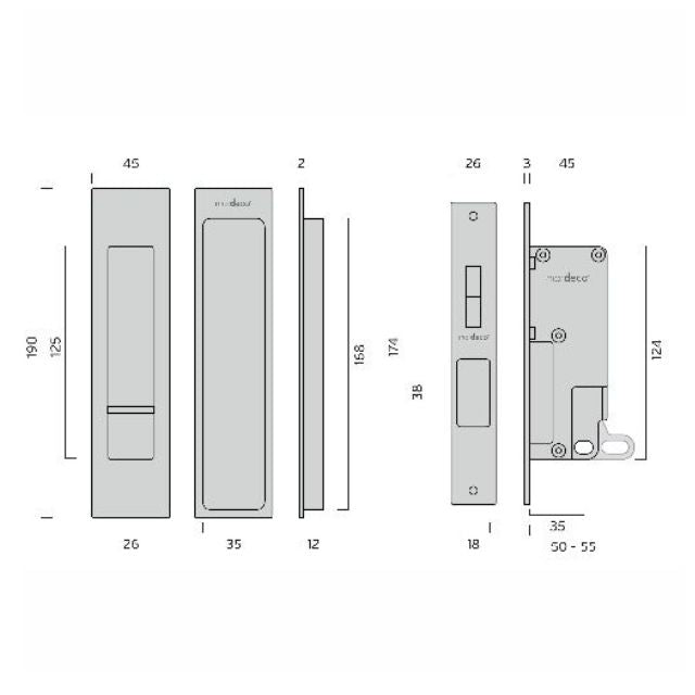 Line Drawing Nidus Mardeco rectangular flush pull privacy set Polished Chrome CP8004/Set - The Blue Space