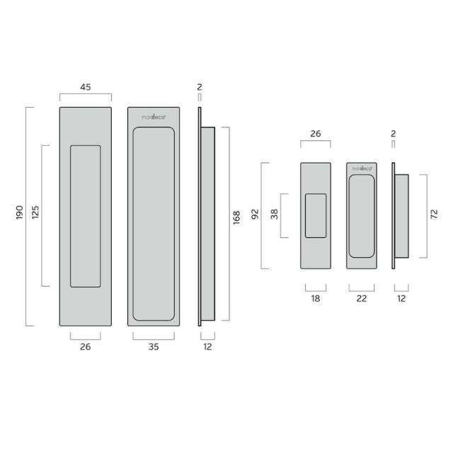 Line Drawing Nidus Mardeco rectangular flush pull set incl end pull Satin Brass BRS8008/Set - The Blue Space