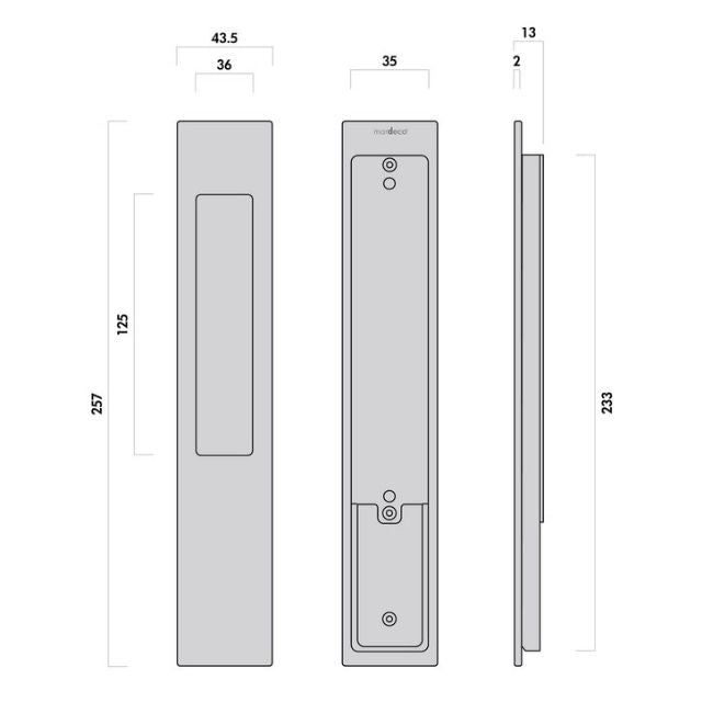 External Drawing Nidus Mardeco rectangular flush pull Snib lock set Bronze inside snib, no cylinder BR8105/SET - The Blue Space