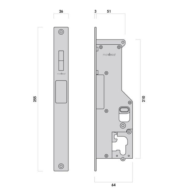 Lock Body Drawing Nidus Mardeco rectangular flush pull Snib lock set Satin Brass inside snib no cylinder BRS8105/SET - The Blue Space