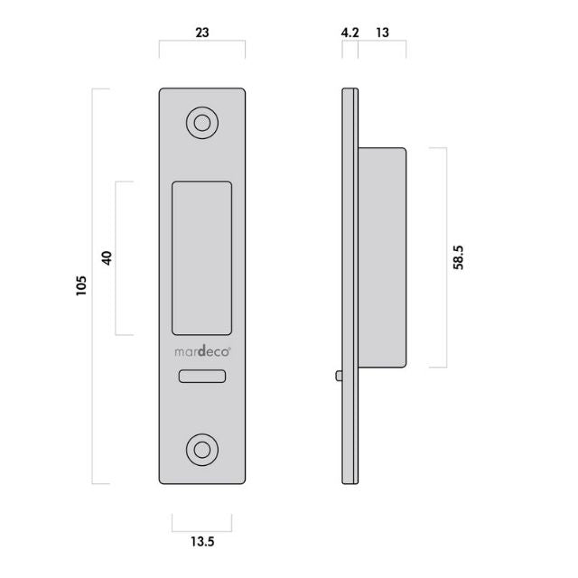 Striker Plate Drawing Nidus Mardeco rectangular flush pull Snib lock set Satin Brass inside snib no cylinder BRS8105/SET - The Blue Space